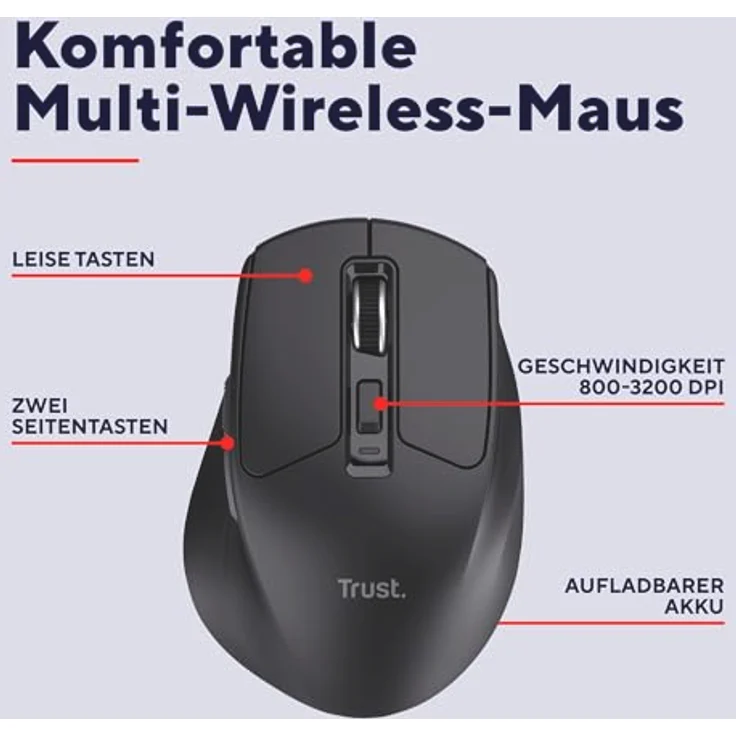 Trust Niven Kabellose Maus, Bluetooth + 2.4GHz, Leise Tasten, Ergonomisch, Wiederaufladbar, 800-3200 DPI, Schwarz, aus 50% Recyclingkunststoff – Bild 2