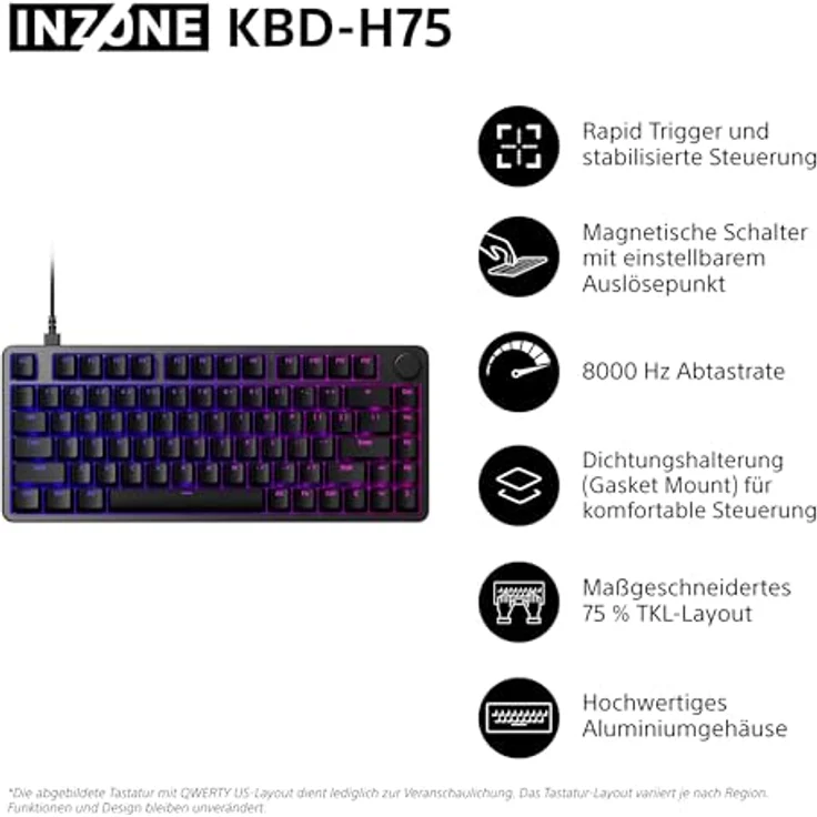SONY INZONE KBD-H75, Gaming Tastatur mit magnetischen Schaltern, 8000 Hz Abtastrate, kabelgebunden, schwarz – Bild 2