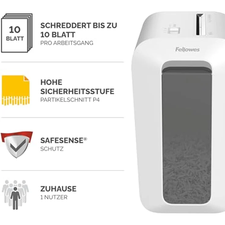 Fellowes Aktenvernichter Powershred LX65, 10 Blatt (P4), Partikelschnitt, Safesense, 22L Papierkorb, White – Bild 2