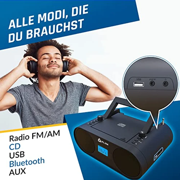 KLIM Boombox B4 Radio mit CD Player + AM/FM Radio, Bluetooth, AUX, USB in Schwarz – Bild 3