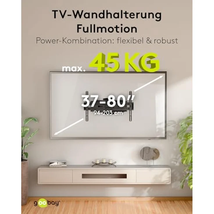 goobay TV-Wandhalterung 71199, für Fernseher von 37 bis 80 Zoll, max. 45 kg, vollbeweglich, schwenkbar und neigbar, dezentes Design – Bild 2