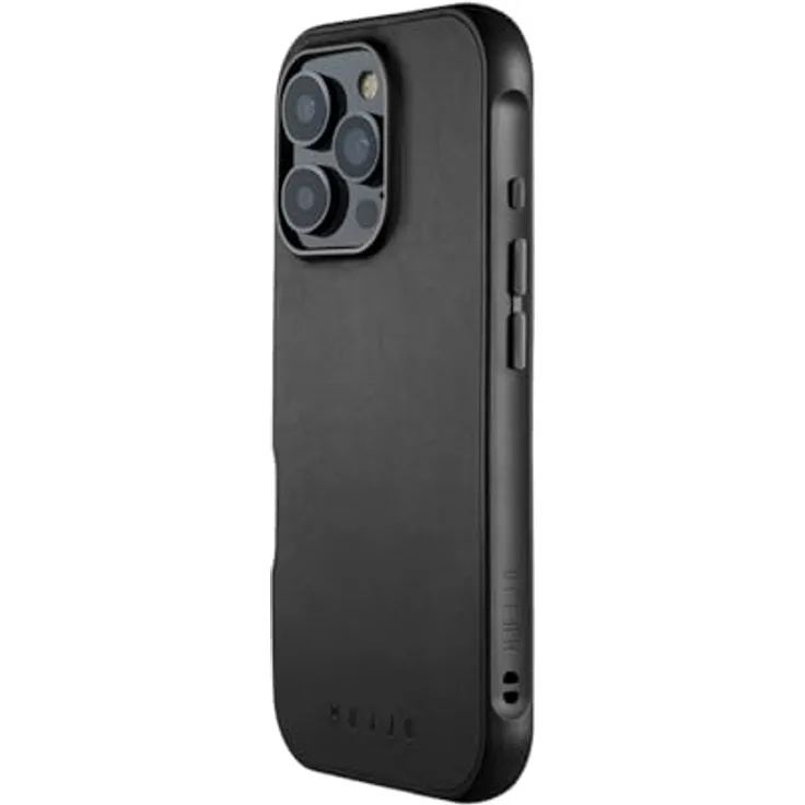 Mujjo Leather Shield Case iPhone 16 Pro Schwarz - Ultimative Schlagfestigkeit, Premium Velore Leder, MagSafe kompatibel