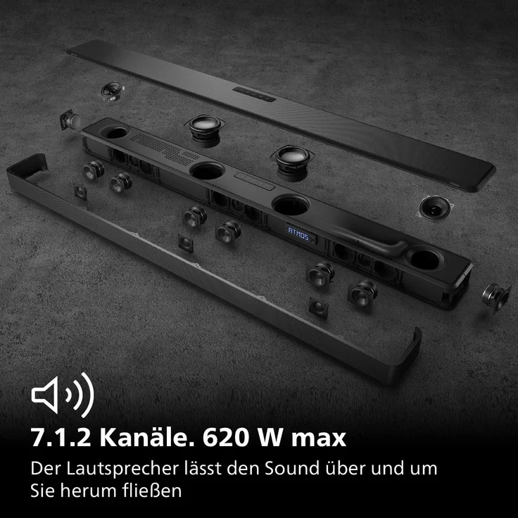 PHILIPS Audio Fidelio FB1 7.1.2-Kanal Soundbar mit Integriertern Subwoofer, 620W, Dolby Atmos,IMAX Enhanced, HDMI eARC, DTS Play-Fi, Built-in Spotify/Chromecast, Black, 120cm, 7,3cm und 12,5cm – Bild 2