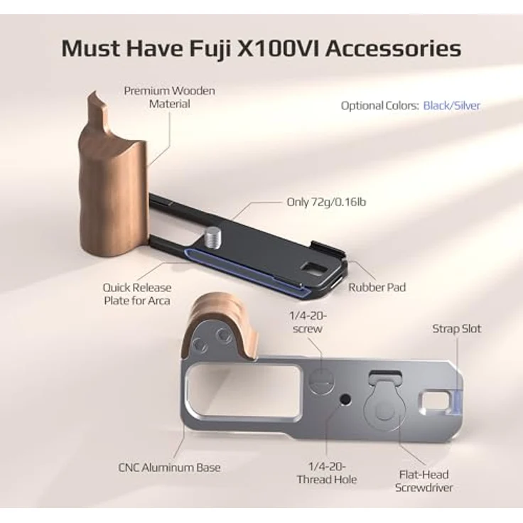 Freewell Fuji X100VI L Bracket Premium Grip, ergonomischer Batteriegriff mit Holzstruktur, Silber – Bild 3