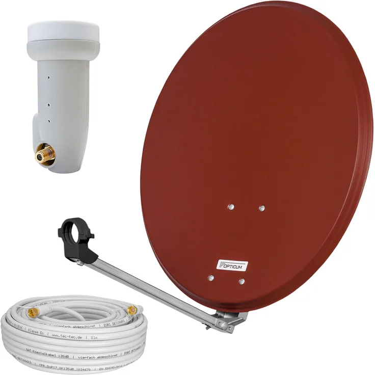 hb-digital Satellitenanlage 60cm rot, Single LNB mit 10m Koaxialkabel, wetterbeständig und robust