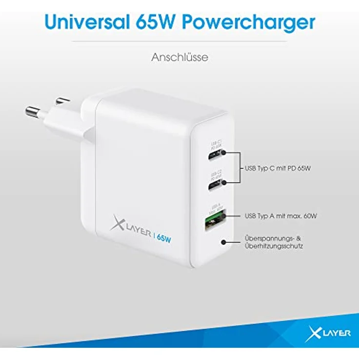 XLayer Powercharger 3-Port Netzteil 65W USB C Typ Schnellladegerät White Schnelles Laden Kompatibel mit MacBook/Pro/Air, iPhone, iPad, Galaxy, Huawei, Xiaomi, Lenovo, Dell und vielen weiteren Geräten – Bild 3