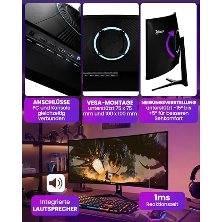 Arozzi Nova 34" Curved Gaming Monitor, Ultrawide QHD 1440p, VA 165Hz, HDR10, Adaptive Sync, flimmerfreies Display, 90% sRGB, Schwarz – Bild 3