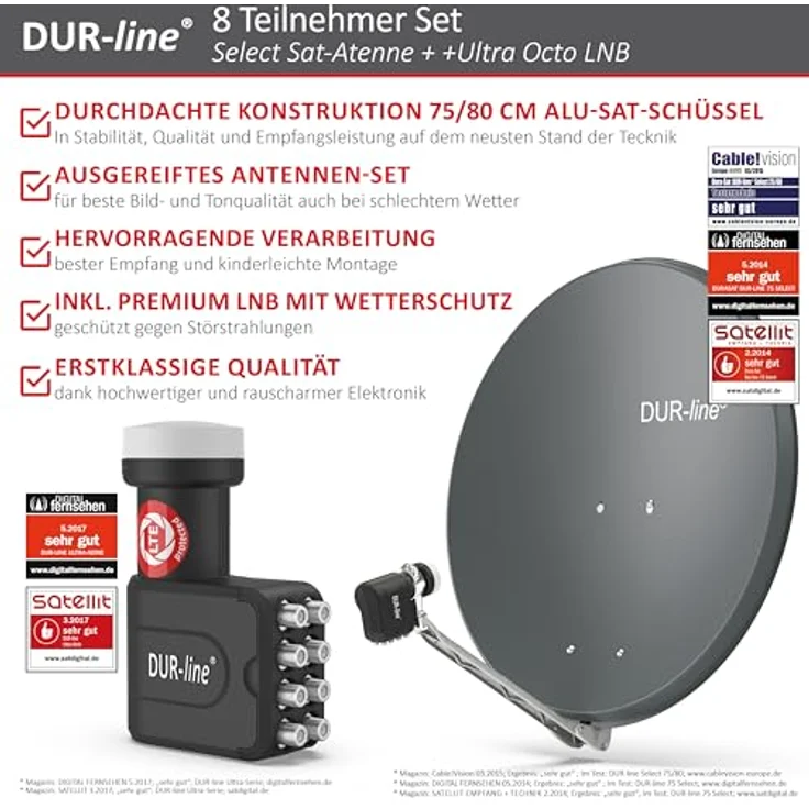 DUR-line 8 Teilnehmer Set - Qualitäts-Alu-Satelliten-Komplettanlage - Select 75/80cm Spiegel/Schüssel Anthrazit + Octo LNB - für 8 Receiver/TV [Neuste Technik, DVB-S2, 4K, 3D] – Bild 3