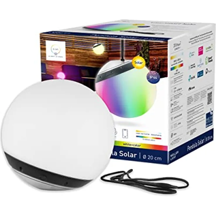 tint Smarte Outdoor LED Hängekugel PENDULA SOLAR – Steuerbar per Alexa oder Fernbedienung – Leuchtkugel mit weißem (1800-6500 K) und farbigem Licht RGB – Spritzwassergeschützt (IP44) – Ø 20 cm