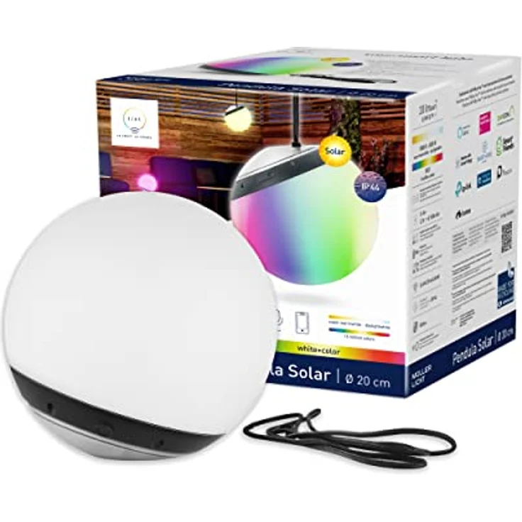 tint Smarte Outdoor LED Hängekugel PENDULA SOLAR – Steuerbar per Alexa oder Fernbedienung – Leuchtkugel mit weißem (1800-6500 K) und farbigem Licht RGB – Spritzwassergeschützt (IP44) – Ø 20 cm – Bild 1