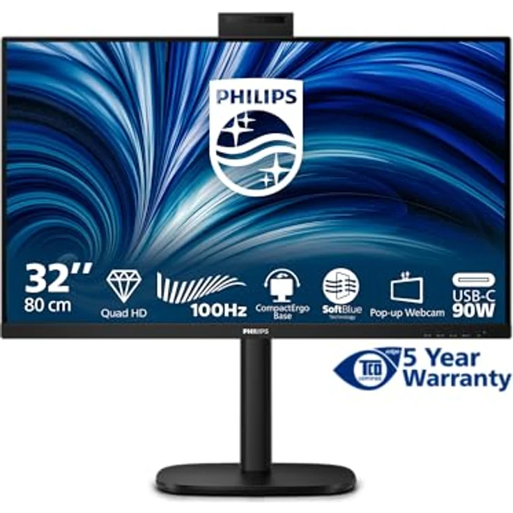 Philips 32B2U3601H 31,5 Zoll WQHD Monitor mit 100Hz, IPS Panel, 4ms GtG, Adaptive Sync, Höhenverstellung, Lautsprecher und Hello Webcam, Schwarz – Bild 2