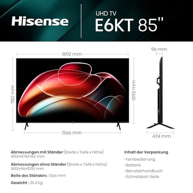 Hisense 85E6KT 215 cm (85 Zoll), 4K UHD, HDR, Dolby Vision, Alexa Built-In, Schwarz – Bild 2