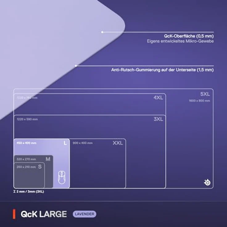 SteelSeries QcK L Lavender, Gaming Mauspad 450 x 400 mm, rutschfeste Unterseite, violett – Bild 5