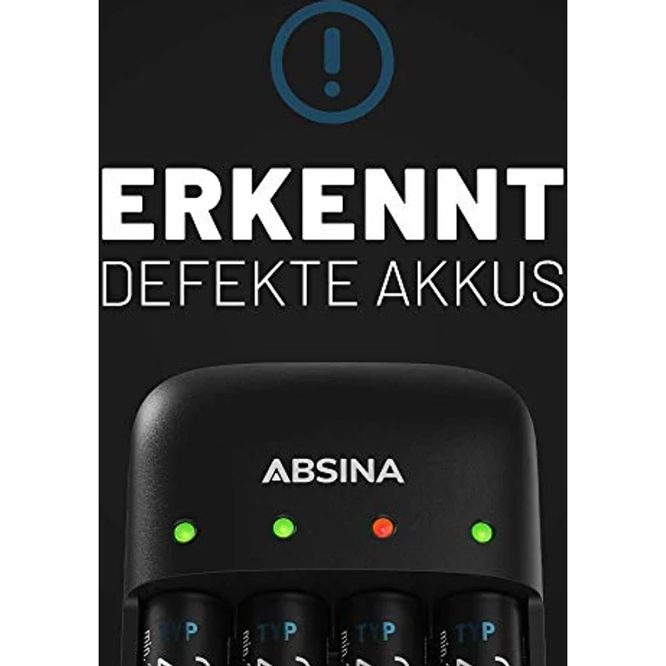 ABSINA X4 Akkuladegerät für AA, AAA & 9V, 4-fach mit 8x AA 2900 mAh NiMH Akkus, Einzelschachtüberwachung, Schnellladung binnen 2 Stunden, LED Statusanzeige – Bild 4