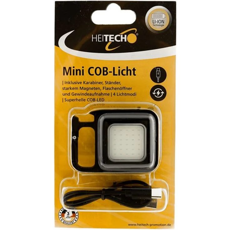 HEITECH Mini COB Lichtanlage mit Karabiner, Magnet, Flaschenöffner und 4 Lichtmodi, wiederaufladbar