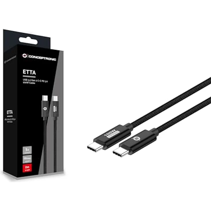 Conceptronic ETTA02B20, USB-C 3.0 Kabel 2m, 5A, 20 Gbps, geflochten, schwarz – Bild 3