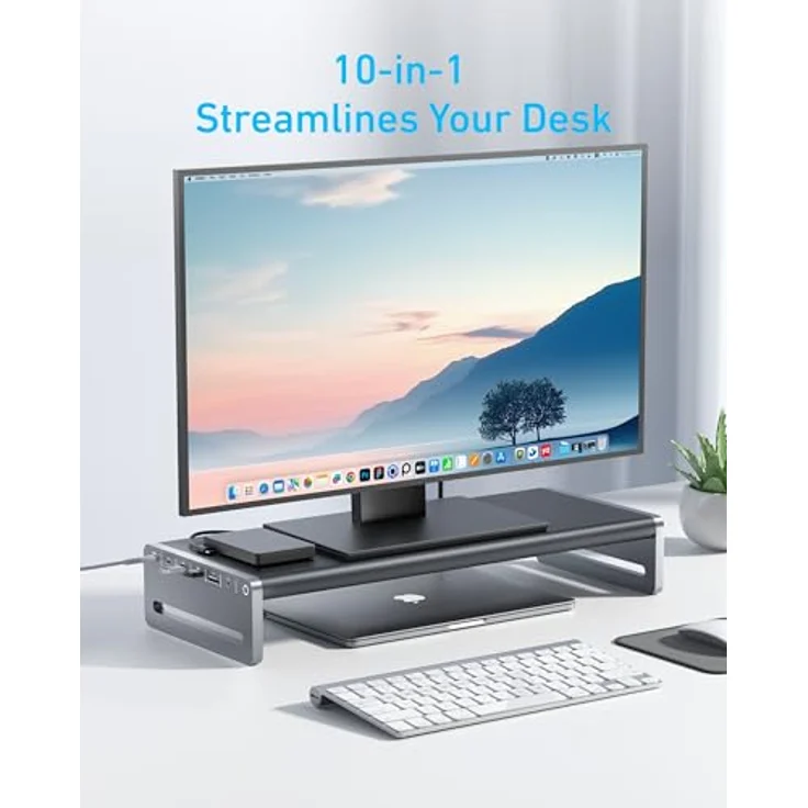 Anker USB-C Hub, 10-in-1 Aluminium-Monitorstandfuß mit 100W PD, 5Gbit/s USB-Anschlüssen und 4K@60Hz HDMI Display, integriertes 1m Kabel, silber, für MacBook, Dell und USB-C-Geräte – Bild 2