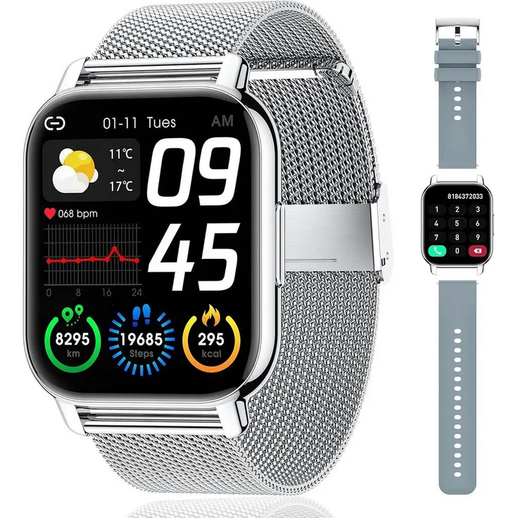 JUNG POPGlory Smartwatch Damen & Herren Fitnessuhr, Bluetooth, 100+ Trainingsmodi, Android/iOS, GPS, Schrittzähler, Fitnessuhr, F