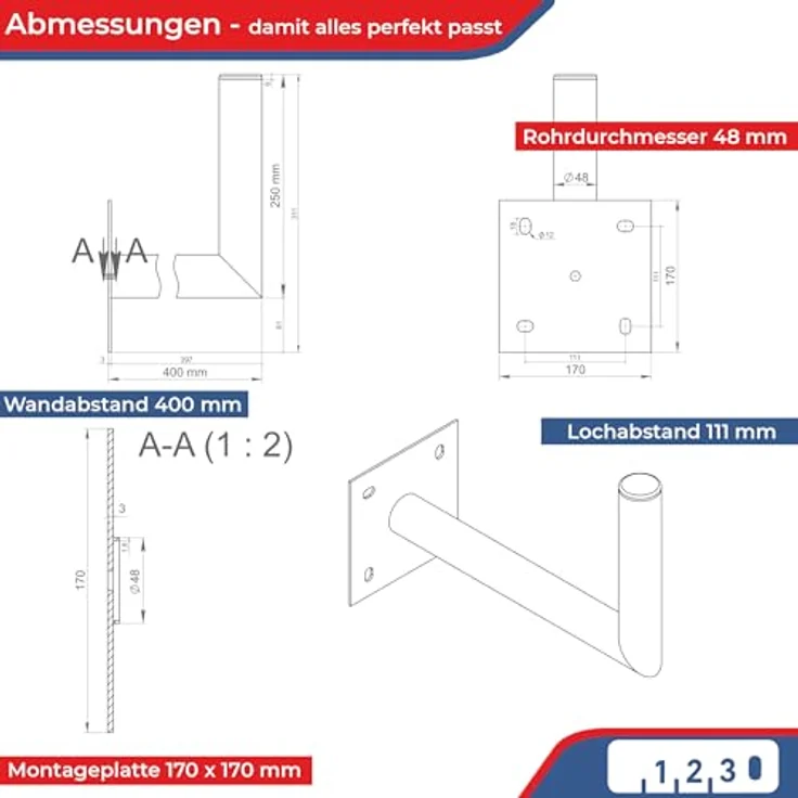PremiumX Winkel-Wandhalterung aus verzinktem Stahl, 35-40cm für SAT-Antennen, Rohrdurchmesser 48mm, inklusive Mastkappe, wetterfest – Bild 4