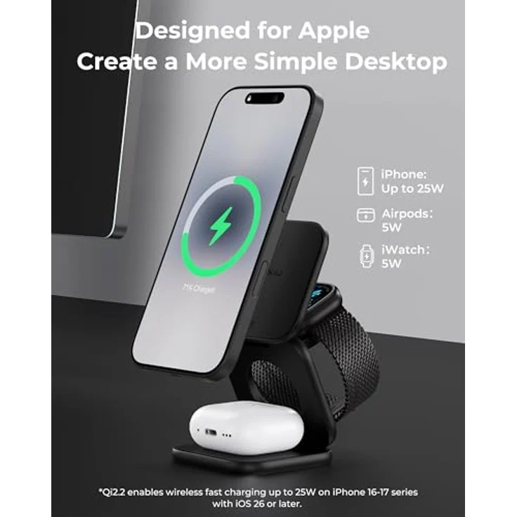 KU XIU X40 Turbo 25W 3-in-1 Ladestation für iPhone 17/16/15/14/13/12, 5W für Apple Watch & AirPods, faltbar, Aluminium-Design, inkl. 45W GaN Adapter, Schwarz – Bild 4