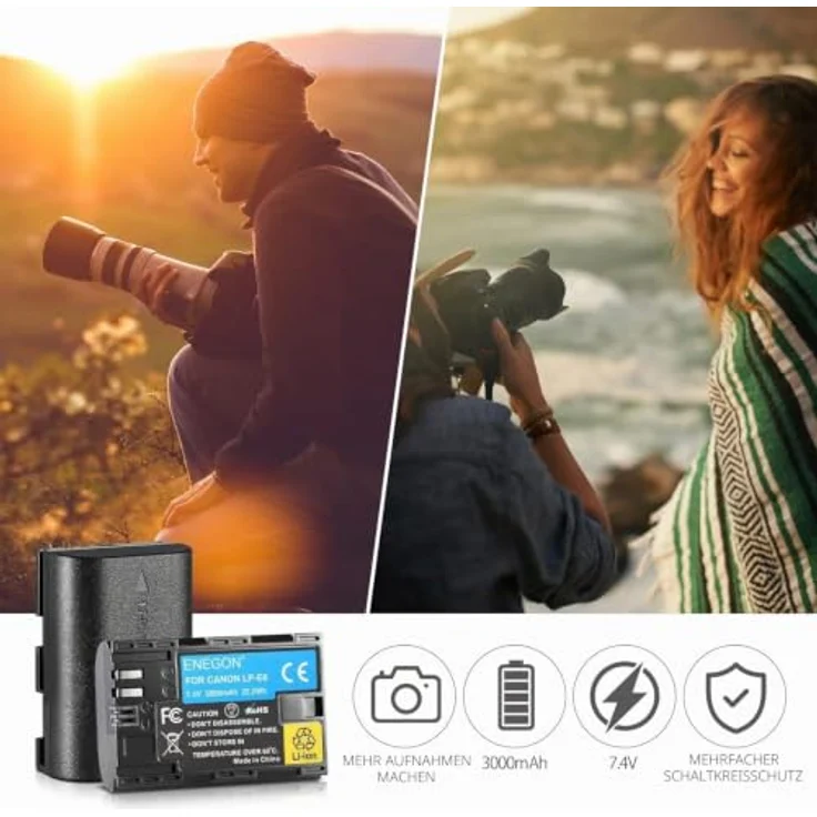 ENEGON LP-E6 Batterien, 2er Pack mit 3000mAh für Canon EOS R, R5C, 5D II-IV, 6D, 7D II-III, 80D, 70D, 60D, XC10, XC15 mit intelligentem Schutz – Bild 5
