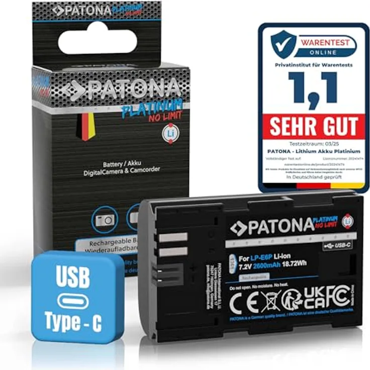 PATONA Platinum LP-E6P Akku, 2600mAh mit USB-C Direktladung, kompatibel mit Canon EOS R5 R6 R6II R7 60D 80D 90D 5D Mark II III IV 6D 7D XC10 XC15