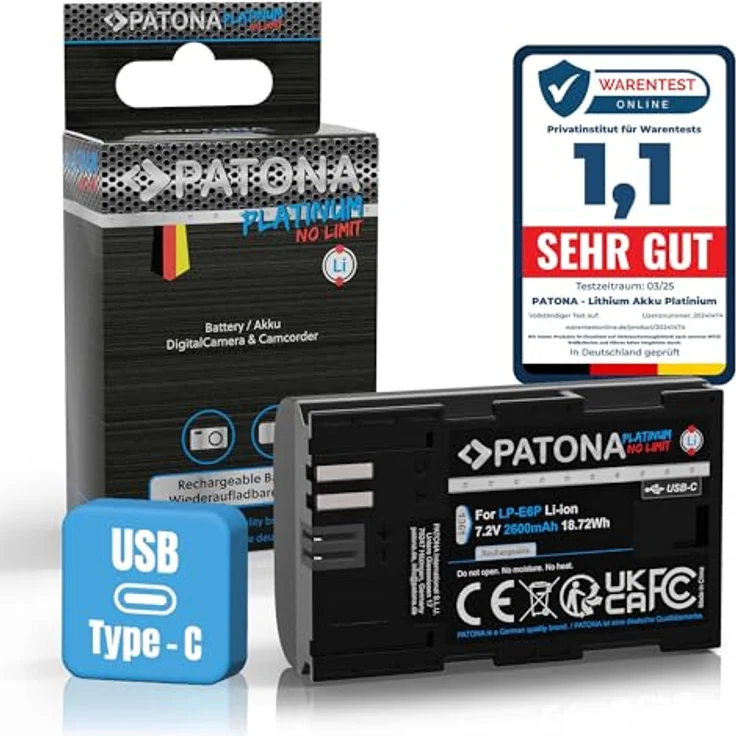 PATONA Platinum LP-E6P Akku, 2600mAh mit USB-C Direktladung, kompatibel mit Canon EOS R5 R6 R6II R7 60D 80D 90D 5D Mark II III IV 6D 7D XC10 XC15 – Bild 1