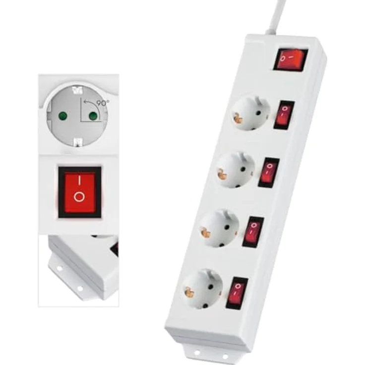 Hama Steckdosenleiste, 4-fach, Schalter, Wandmontage, 1,4m (Steckdosenleiste mit Schalter, einzeln schaltbar, 4 fach, Mehrfachsteckdose, Mehrfachstecker, mit Berührungsschutz, beleuchtet, 90°) weiß – Bild 4