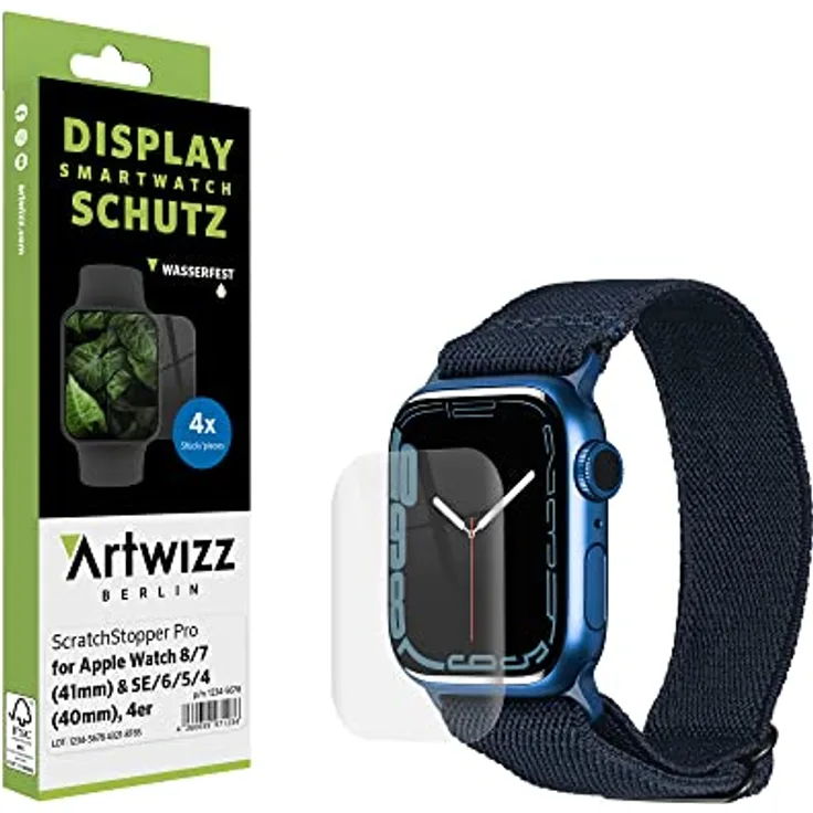 Artwizz ScratchStopper PRO Schutzfolie kompatibel mit Apple Watch 9 8 7 [41mm] SE 6 5 4 [40mm] 4er Pack, Ultra-Dünn, Auto-Heal, Blasenfrei, Wasserfest