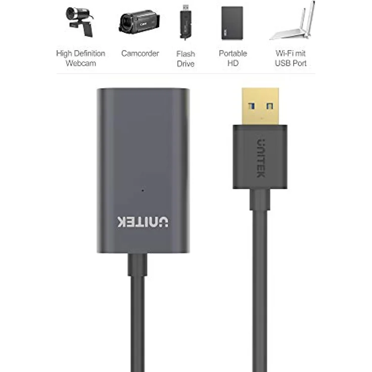 UNITEK 10 Meter Verlängerungskabel mit Verstärker USB 3.1 Gen1 │ USB Repeater-Kabel mit Signalverstärker und Stromversorgung│ USB-A Stecker auf USB-A Buchse │ 5 Gbit/s, Plug&Play│ Aluminium – Bild 2