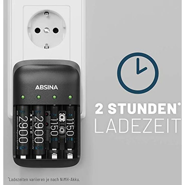 ABSINA X4 Akkuladegerät für AA, AAA & 9V, 4-fach mit 8x AA 2900 mAh NiMH Akkus, Einzelschachtüberwachung, Schnellladung binnen 2 Stunden, LED Statusanzeige – Bild 5