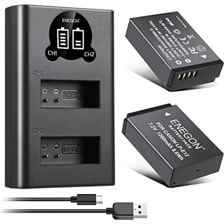 ENEGON Ersatzbatterie (2er Pack) und Rapid Dual Ladegerät für Canon LP-E12 und Canon SX70 HS, Rebel SL1, EOS-M, EOS M2, EOS M10, EOS M50, EOS M100 Digitalkamera
