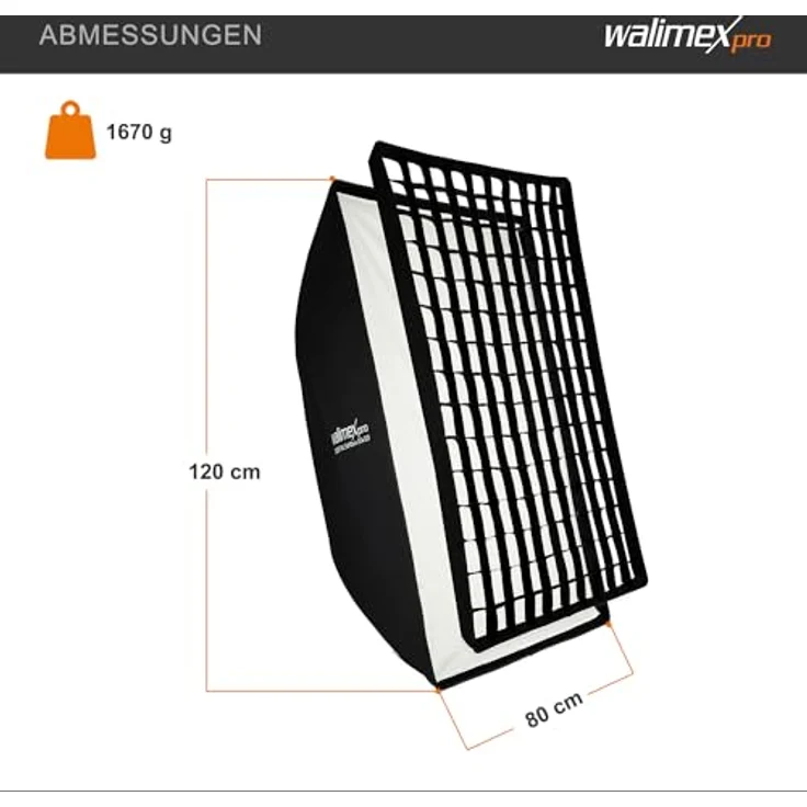 Walimex pro Essential Softbox 80x120cm, um 360° drehbar, inkl. Grid, Bowens Adapter und Transporttasche, ideal für Produkt- und Peoplefotografie – Bild 4