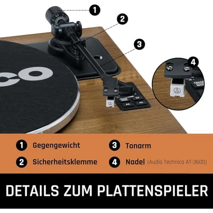 Lenco LS-410 Plattenspieler - Bluetooth Plattenspieler - integrierte Lautsprecher 40 Watt RMS - Riemenantrieb - Vorverstärker - RCA Out und AUX-In - Holz LS-410WA Braun – Bild 2