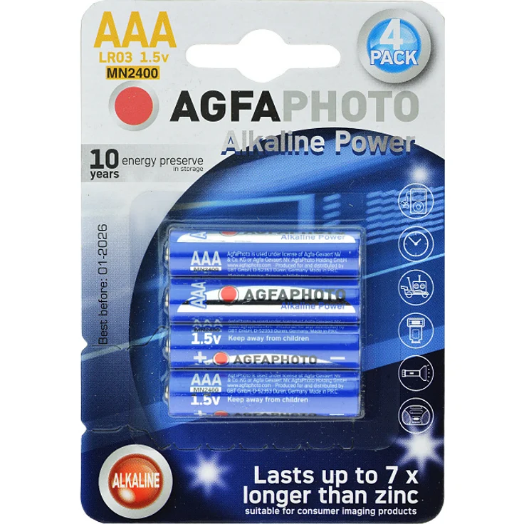 AgfaPhoto Power Alkalibatterie 1,5V LR03/AAA, Blister mit 4 Stück, Blau, langlebig und auslaufsicher