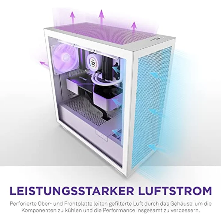 Nzxt H7 Flow RGB - CM-H71FW-R1 - ATX Mid-Tower Gaming PC-Gehäuse - USB-C Port - Mesh Front- & Tempered Glass Seitenteil - 3X F-Series 140mm Core RGB Fans inklusive - Wasserkühlung Ready - Weiß – Bild 4