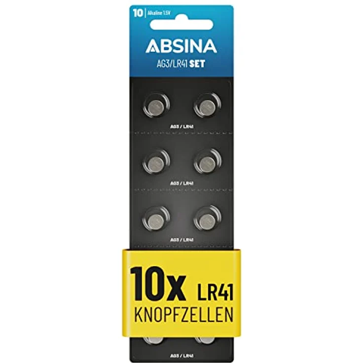 ABSINA AG3 LR41 Knopfzelle 10er Pack - 1,5V Alkaline Knopfzellen auslaufsicher & mit Langer Haltbarkeit - LR736 / L736 / G3 / G3A / 3GA / 192 / GP192 / V3GA / RW87 - Knopfbatterien Batterien Batterie – Bild 1