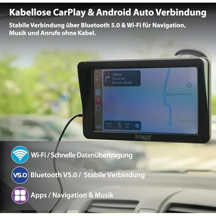 Technaxx TX-320, Wireless Car Play & Android Auto Display 7", Bluetooth 5.0, FM-Transmitter, AUX-Ausgang, eingebauter Lautsprecher, MicroSD-Steckplatz, Armaturenbrett-/Windschutzscheibenhalterung – Bild 3