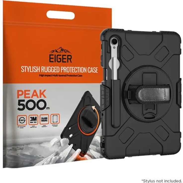 Eiger Peak 500m Tablet Hülle für Samsung Galaxy Tab S11, mehrschichtiger Schutz, 3 m Sturz getestet, 360-Grad drehbarer Ständer, verstellbarer Handriemen und Schulterriemen, Schwarz