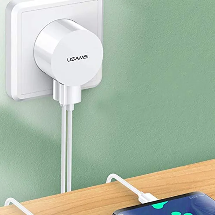 USAMS T20, USB Ladegerät mit 2x USB-A Anschlüssen und 2,1A Output, inkl. USB-C Kabel, zylindrisches Design
