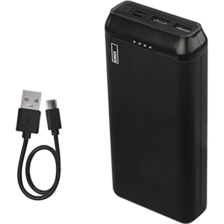 EMOS ALPHA2 Powerbank 20000mAh, Externer Akku/Ladegerät für Handy, Tablet, iPhone, iPad, mit Passthrough, Ausgang 2X USB, 1x USB-C, inkl.Datenkabel USB/USB-C Kabel, Schwarz