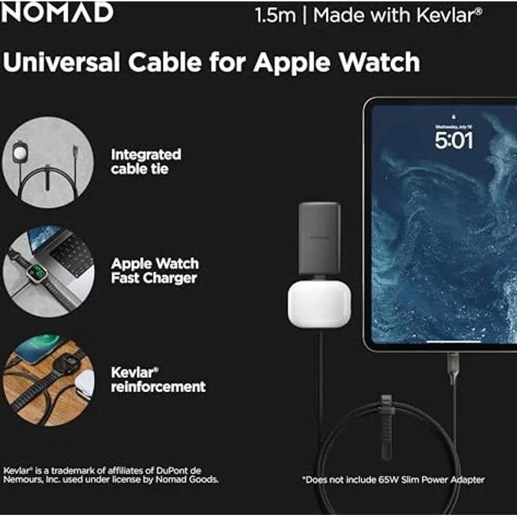 NOMAD Universal-Kabel für Apple Watch, 1,5 m, USB-C, robust mit Kevlar-Ummantelung, integrierter Kabelbinder – Bild 3