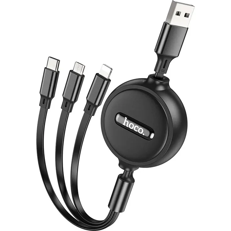 Hoco X75 3in1 USB Multi Handy Schnell Ladekabel, 1m, Schwarz, kompatibel mit Apple iPhone, Samsung, Huawei und Xiaomi, aufrollbar, bis 2A Ladestrom