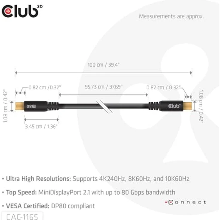 Club 3D CAC-1165 Mini DisplayPort auf Mini DisplayPort Kabel, VESA DP80 M/M, 1 m, 8K/10K/4K UHD, weiß – Bild 3