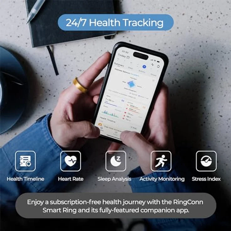 RingConn Smart Ring ohne App-Abonnement, Größe zuerst mit Größen-Set, 7 Tage Akkulaufzeit, Aktivitäts- und Schlaf-Tracker/Stress-/Herzfrequenz-Monitor, kompatibel mit iOS und Android (Gold, Größe 12) – Bild 4