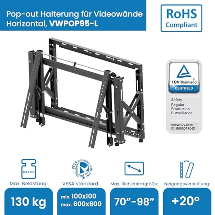 EDBAK VWPOP95-L Pop-Out Wandhalterung für 70-98" Bildschirme, Tragfähigkeit 130 kg, Schwarz – Bild 2