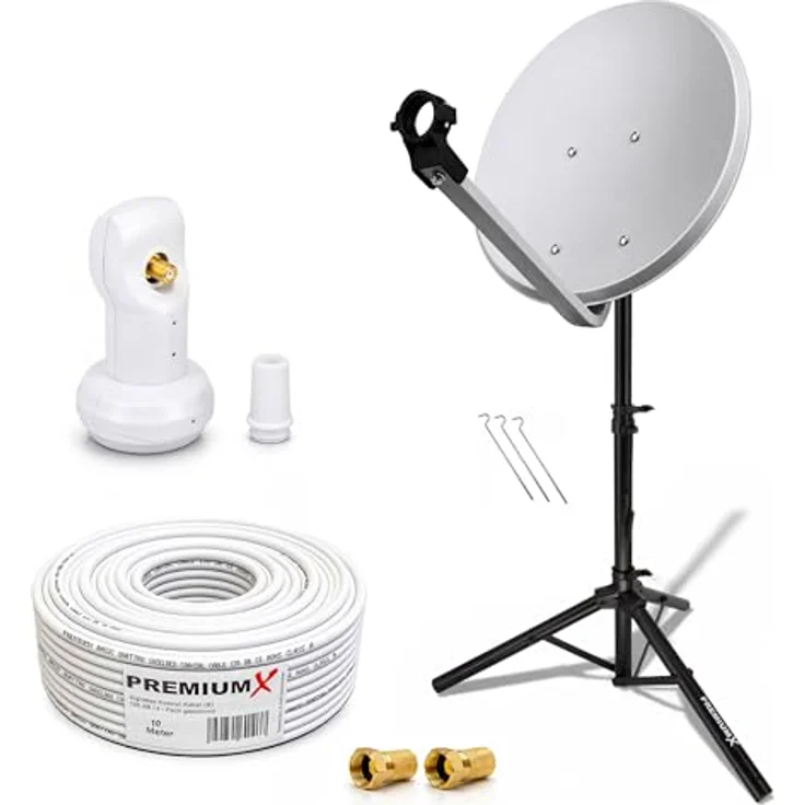 PremiumX PXS45 Camping Sat Anlage, 45cm Antenne mit Single LNB, robustes Stahl-Design, ideal für Windgeschwindigkeiten bis 120 km/h, inkl. F-Stecker Kabel und Stativ – Bild 1