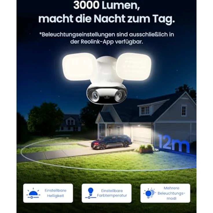 Reolink Elite Floodlight WiFi, 4K Wi-Fi 6 Überwachungskamera mit 3000 Lumen Flutlicht, dimmbar (3000K-6000K), 180° Panorama-Ansicht, KI-Erkennung, wetterfest IP66 – Bild 4