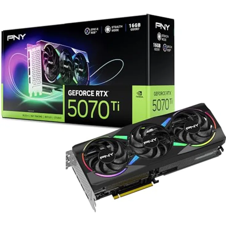 PNY GeForce RTX 5070 Ti, 16 GB Gaming Grafikkarte mit Triple Fan und ARGB Beleuchtung