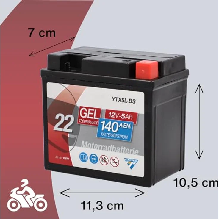 CARTEC YTX5L-BS Motorradbatterie, 5Ah, 140A, Gel-Technologie, wartungsfrei, zyklenfest, schwarz – Bild 5